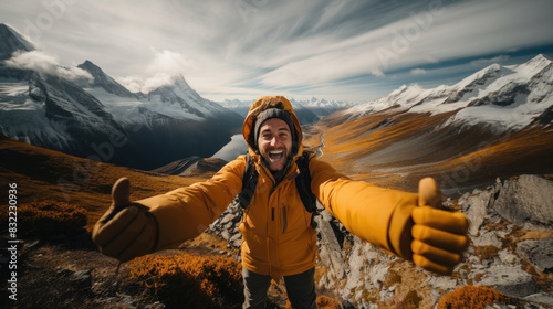 Enthusiastic man in a yellow jacket captures a self-portrait with snow-capped mountains in the background, expressing adventure and joy