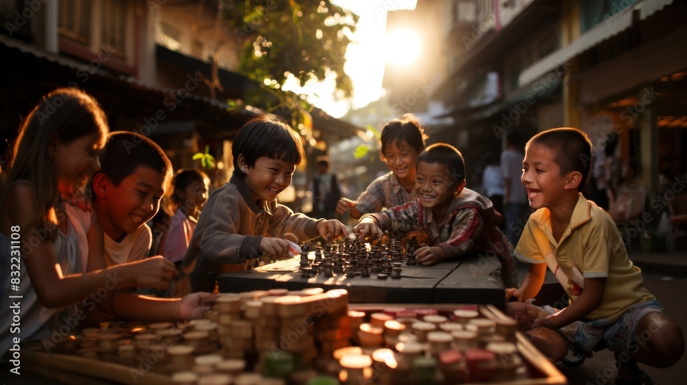 Happy children gather around a chessboard, engrossed in a game during sunset in an outdoor market