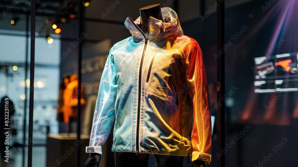 A display of a smart jacket on a mannequin, equipped with color-changing fibers that react to sunlight, automatically adjusting to temperature and light conditions. A display of a smart jacket on a mannequin, equipped with color-changing fibers that react to sunlight, automatically adjusting to temperature and light conditions.