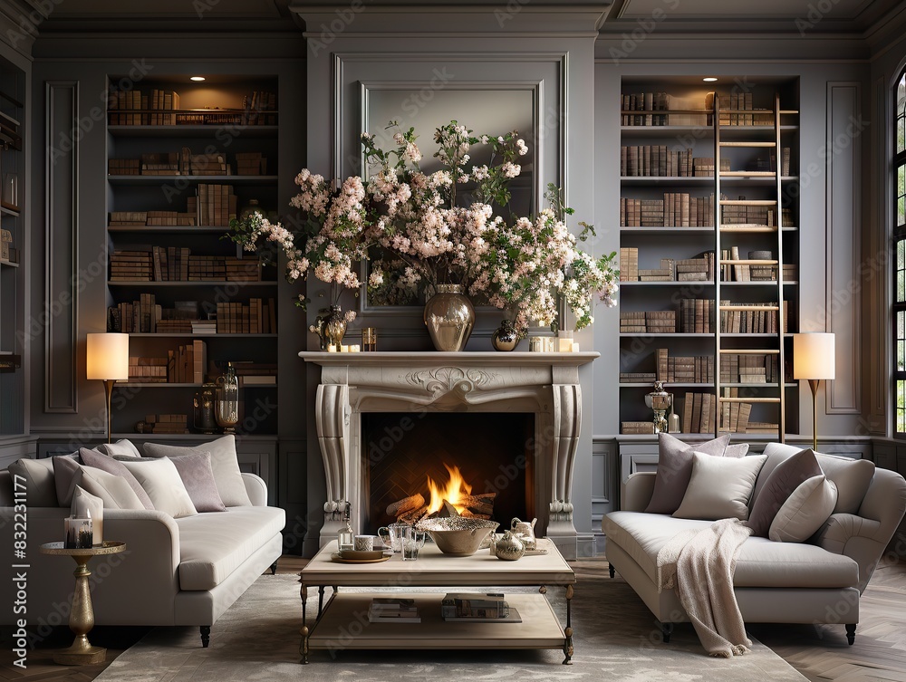 A sumptuously designed library room with a cozy fireplace, comfortable seating, and tasteful decor A sumptuously designed library room with a cozy fireplace, comfortable seating, and tasteful decor
