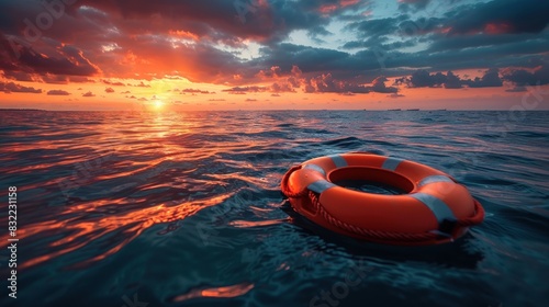 Lifebuoy Floating in the Open Ocean at Sunset. Rescue and Security Concept