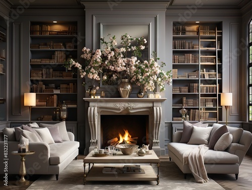 A sumptuously designed library room with a cozy fireplace, comfortable seating, and tasteful decor photo