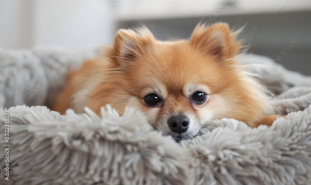 Pomeranian spitz lying on dog bed, Generative AI Pomeranian spitz lying on dog bed, Generative AI