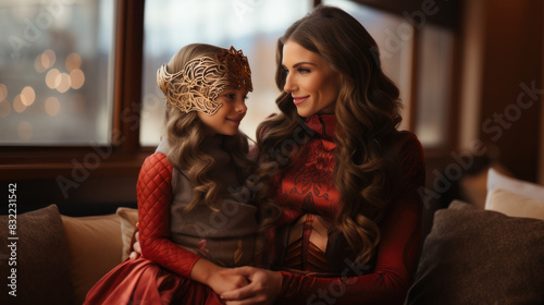 A loving mother and child wearing fancy costumes sitting together indoors