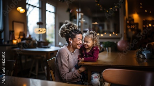 A smiling mother and her young daughter share a joyful moment together at a cozy cafe photo