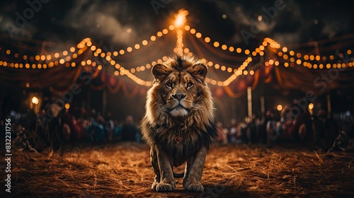 A regal-looking lion stands proudly in the center of a circus arena under warm lights photo