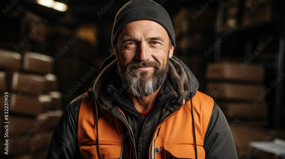 A mature bearded man wearing a vest smiles warmly in a warehouse environment A mature bearded man wearing a vest smiles warmly in a warehouse environment