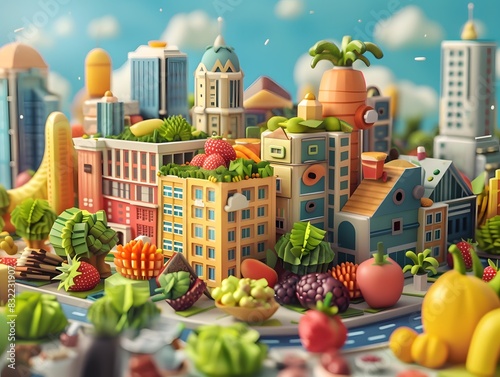 Illustrate a bustling cityscape with buildings representing probioticrich foods and supplements photo