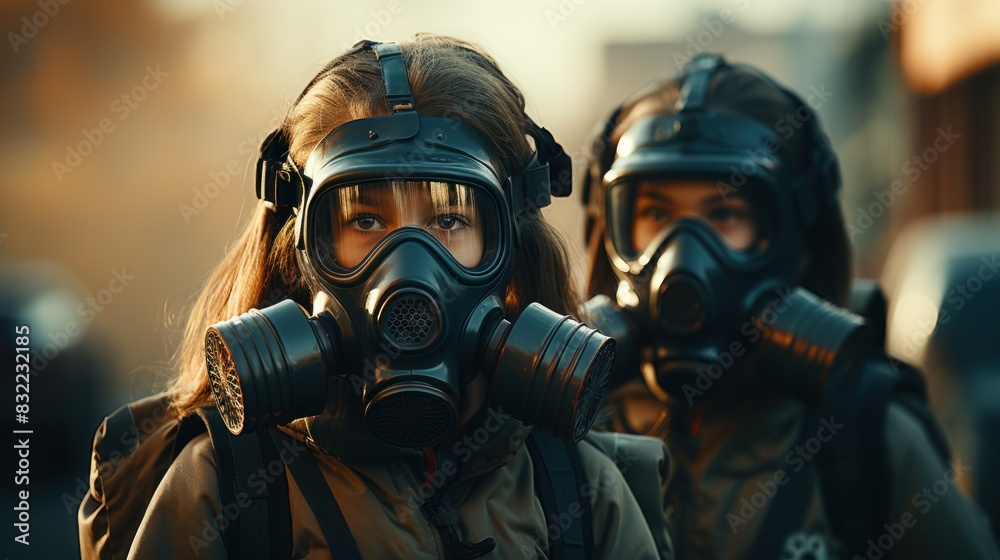 Two individuals equipped with gas masks are facing away from the camera in an ambiguous environment Two individuals equipped with gas masks are facing away from the camera in an ambiguous environment