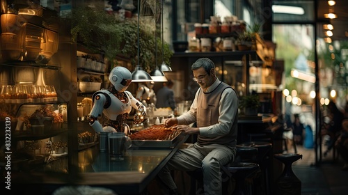 A humanoid robot serves food to a man at a counter in a modern  dimly lit  stylish cafe setting