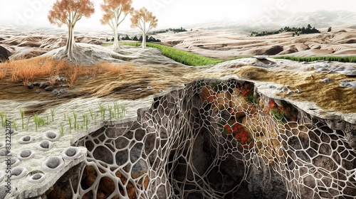 A conceptual illustration of a landscape regenerated using mycelium structures that combat soil erosion and promote plant growth in degraded areas.
