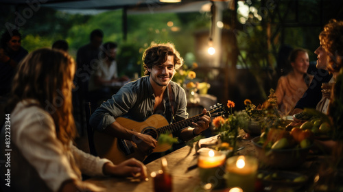 A charming man engaging with friends in a candlelit setting playing an acoustic guitar, evoking a sense of warmth and community