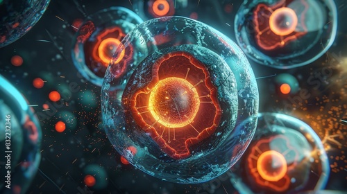 A close-up view of abstract cells with glowing interiors, showcasing the intricate details of cellular structures in a scientific illustration.