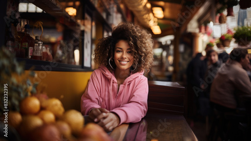 A radiant woman with curly hair smiling warmly at a cozy caf   setting  exuding positivity and friendliness