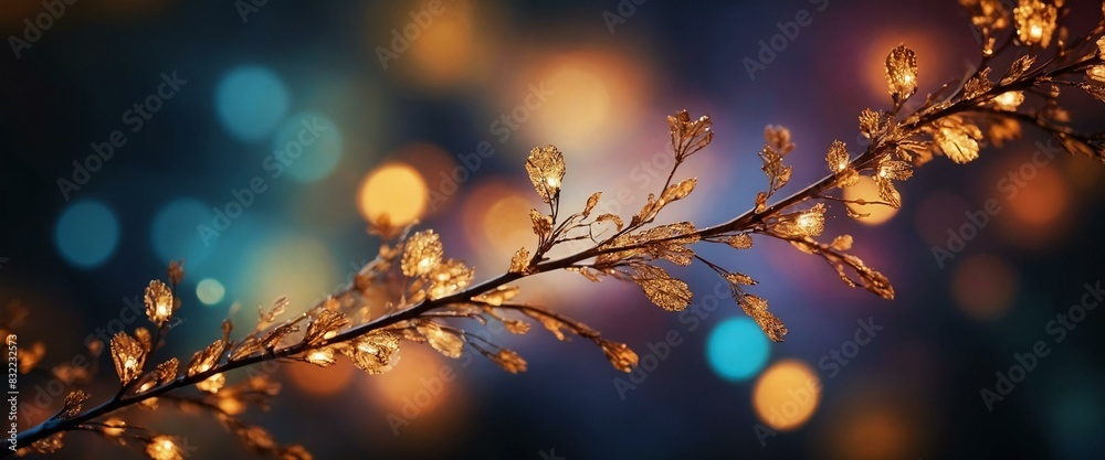 Golden leaves shimmering with a metallic sheen against deep blue bokeh lights, giving a luxurious and festive feel