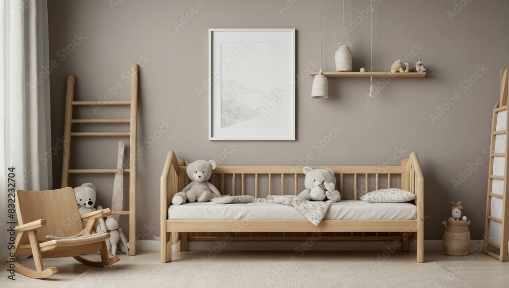 Modern and cozy Scandinavian-style interior design for a toddler's room with plush toys on a wooden bed
