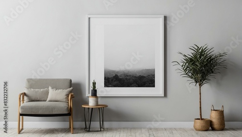 An elegant interior corner showing a minimalist armchair, round wooden table, large framed artwork, and a lush potted plant