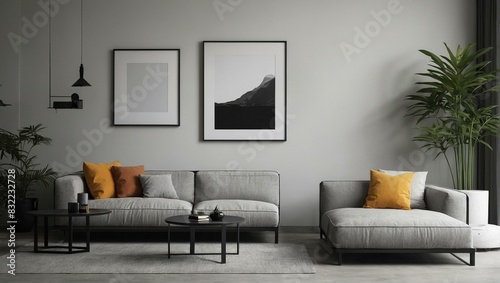 A stylish living room interior featuring a comfy grey sofa accented with vibrant orange pillows and two framed art pieces on a textured wall photo