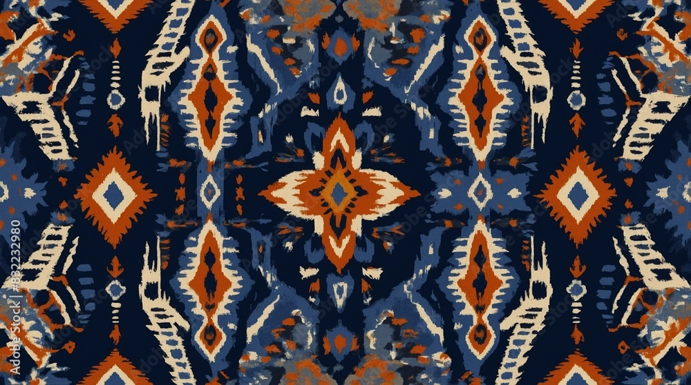 Fototapeta premium Traditional tribal pattern with navy, orange, and beige tones in a symmetric ikat-style design