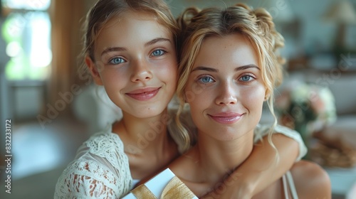 Mother and daughter smiling with gift box on pink background for mother s day celebration photo