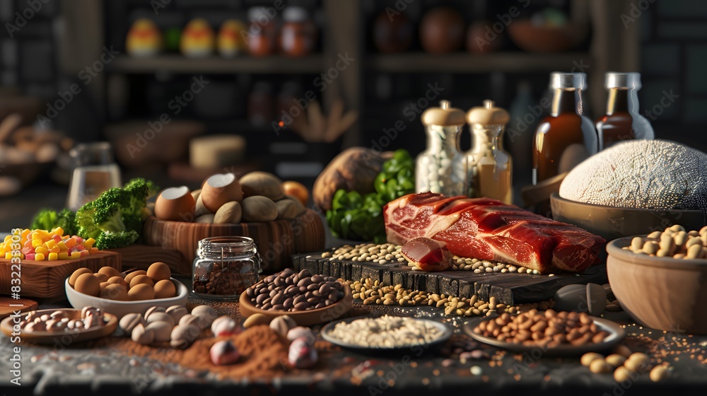 Render a proteinpacked meal with different sources like meat, beans, and nuts