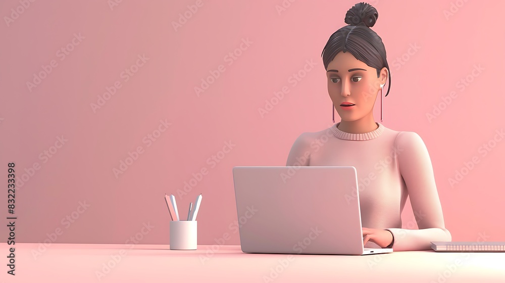 © Abdul - 3D woman character working on her laptop, with a plain pastel pink background and a clean, organized workspace © Abdul - 3D woman character working on her laptop, with a plain pastel pink background and a clean, organized workspace