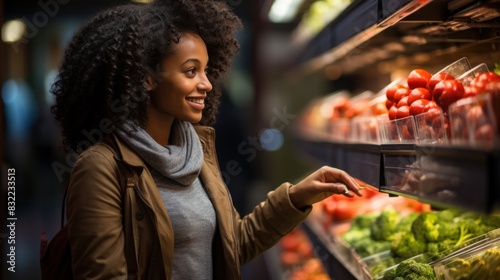 A cheerful woman is picking out tomatoes in the fresh produce section of a supermarket  showcasing healthy lifestyle choices