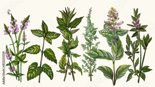 Illustration of various aromatic herbs and plants with detailed leaves and flowers on a light background.