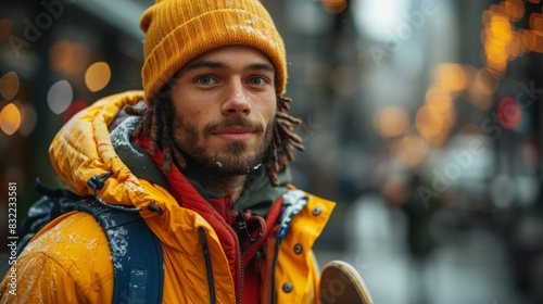 A man with dreadlocks wearing a colorful winter jacket smiles in a snowy urban setting