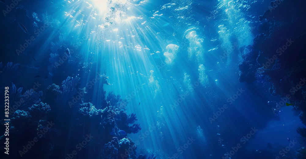 Fototapeta premium Underwater Sunlight Rays in Ocean Depths 