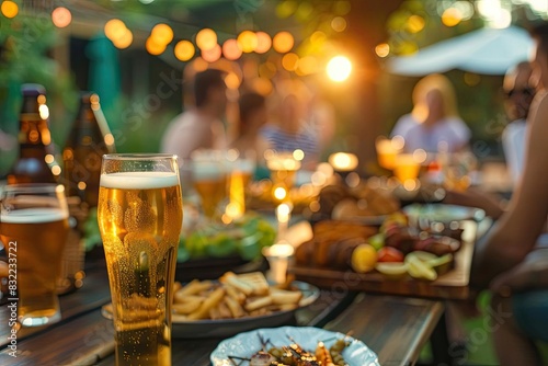 Outdoor gathering with friends enjoying food and drinks at sunset  featuring a table with beer and snacks. Perfect for social event themes.