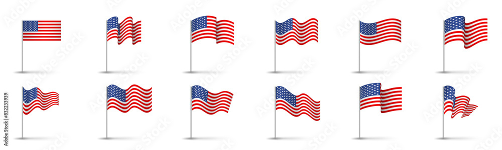 United states flag set, usa symbol, wavy shape flag pole realistic illustration United states flag set, usa symbol, wavy shape flag pole realistic illustration