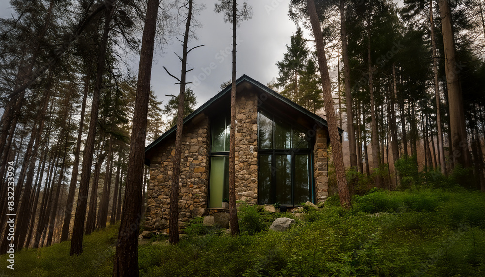 Beautiful, modernized old stone house in the forest with solar panels on roof for renewable, clean energy and full-height windows. Beautiful, modernized old stone house in the forest with solar panels on roof for renewable, clean energy and full-height windows.