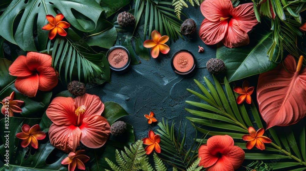Cosmetic beauty products for makeup and skincare on blue background with copy space, top view Cosmetic beauty products for makeup and skincare on blue background with copy space, top view