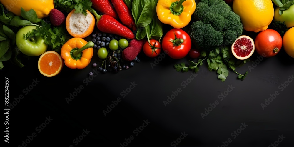 Vibrant Fruits and Vegetables on Dark Background from Above: A Healthy Assortment. Concept Food Photography, Fresh Produce, Vibrant Colors, Dark Background, Top View Vibrant Fruits and Vegetables on Dark Background from Above: A Healthy Assortment. Concept Food Photography, Fresh Produce, Vibrant Colors, Dark Background, Top View