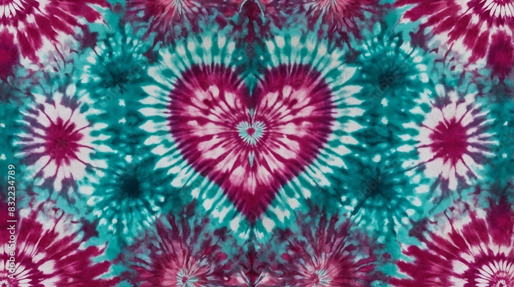 This textile showcases a tie-dye heart design with pink and teal highlights creating a symmetrical pattern This textile showcases a tie-dye heart design with pink and teal highlights creating a symmetrical pattern