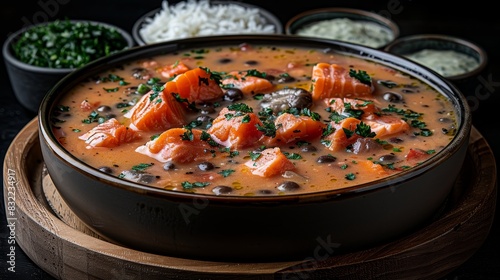Creamy salmon lohikeitto soup with parsley in bowl on dark background, top view with copy space