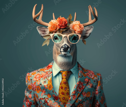 Stylish Deer in Designer Floral Suit and Tie Fashion Animal Portrait on Bright Background photo