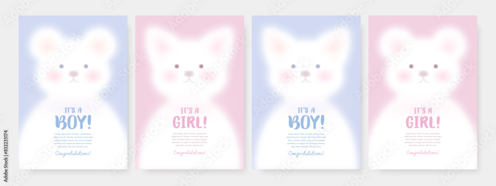Baby shower greeting card, poster, banner or invitation design template with cute bear and kitten on blue and pink background. It's a girl. It's a boy. Vector illustration