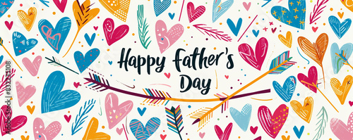 Playful Father's Day card with colorful hearts and arrows, "Happy Father's Day".