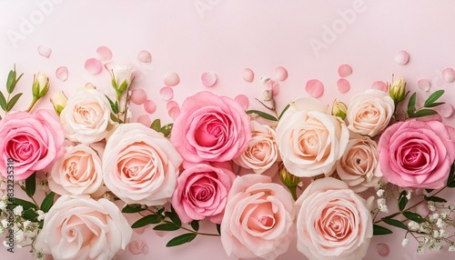 festive roses and light pink floral background blooming rose flower