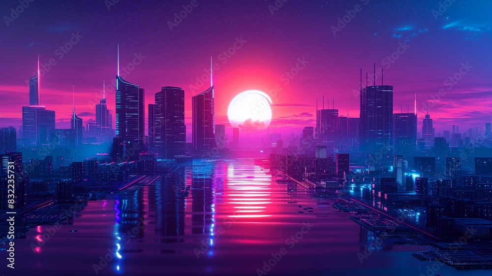 Obraz premium Neon sun sets behind a retrowave city.