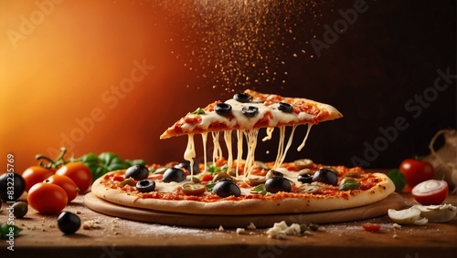 A slice of pizza with melting cheese, black olives, and fresh vegetables is captured mid-air, demonstrating the stringy cheese pull