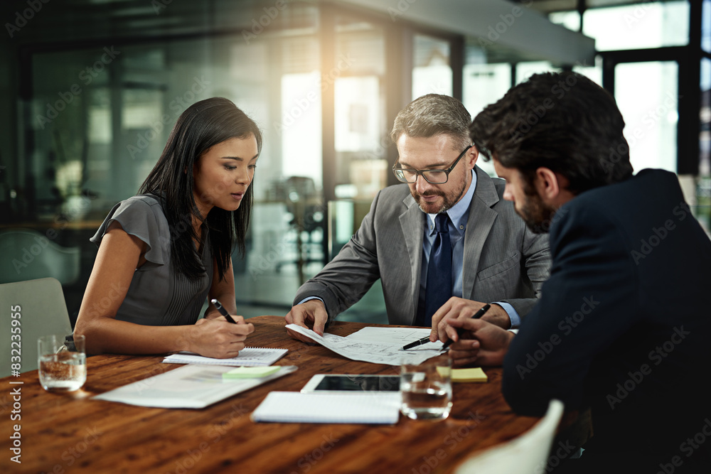 Fototapeta premium Businesspeople, deal and meeting with documents in boardroom, office and sign for corporate b2b sale. Collaboration, attorney with paperwork and contract, management and planning for negotiation