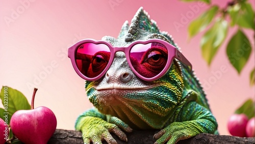 A comical image of a chameleon in pink sunglasses with apples around on a soft pink background