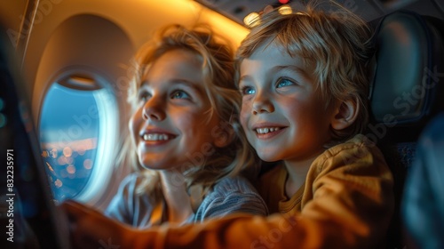 Twin siblings in awe as they peer out the window of an airplane