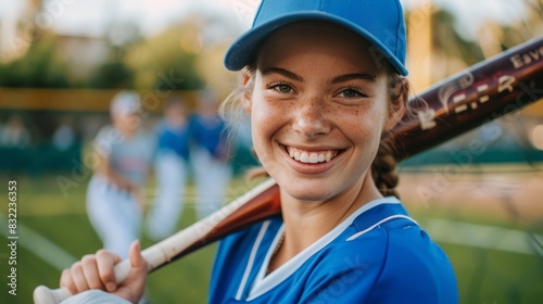 A lady with a baseball, bat, and smile on a training, workout, or match practice field. Competition, performance, and workout with happy smile and female softball batter at park.