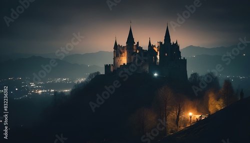 AI-generated illustration of A night view of a castle perched on a hilltop, looking at city lights