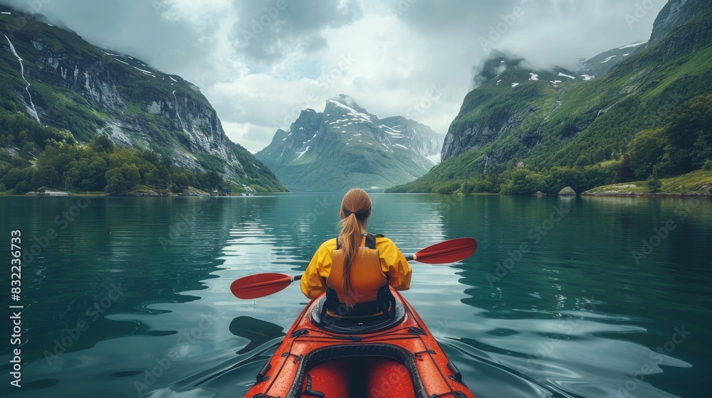 A solitary woman in a kayak enjoys the serene beauty of a mountainous fjord, with peaceful water and a cloudy sky overhead