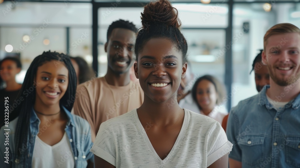 Creative business team smiles at design firm or global agency office in unity, variety, and solidarity. Happy business, designer, or startup success management team